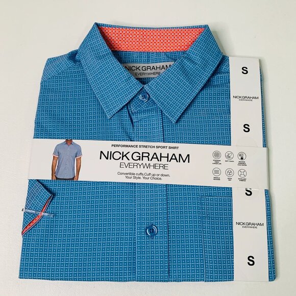 Nick Graham Men's Shirt S Printed Performance Stretch Short Sleeve Shirt Blue S - Picture 2 of 11